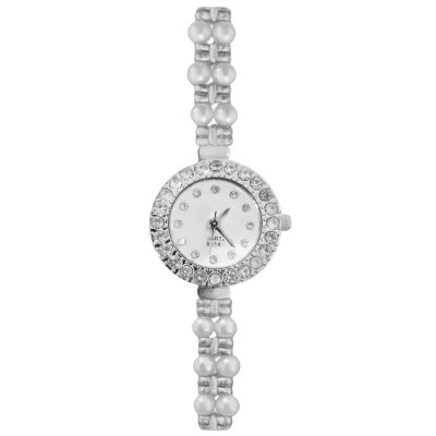 ساعت مچی عقربه‌ای کوارتز زنانه مدل لوکس بند دستبندی مرواریدی قاب دور نگین کد ۱.۸