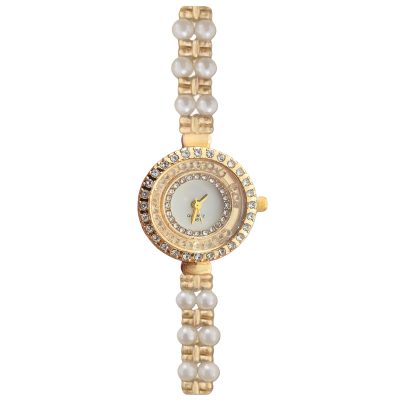 ساعت مچی عقربه‌ای کوارتز زنانه مدل لوکس بند دستبندی مرواریدی قاب دور شنی نگین دار کد ۱.۶