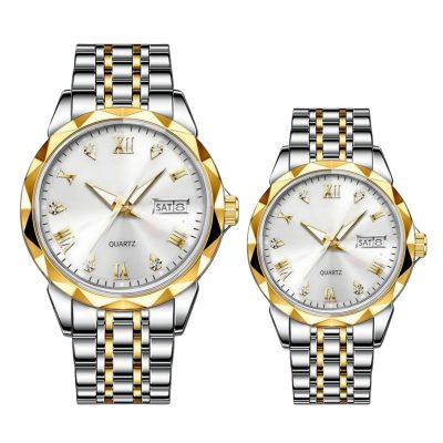ست ساعت مچی عقربه‌ای کوارتز زنانه و مردانه مدل کلاسیک لوکس دی دیت بند استیل طرح بافت کد ۱.۳