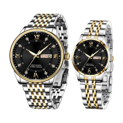 ست ساعت مچی عقربه‌ای کوارتز زنانه و مردانه مدل کلاسیک لوکس دی دیت بند استیل طرح بافت کد ۲